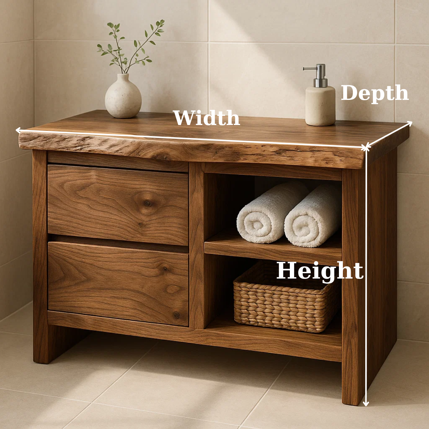 Handcrafted Solid Wood Bathroom Vanity - Rustic Drawers & Open Shelf Lynnsnail