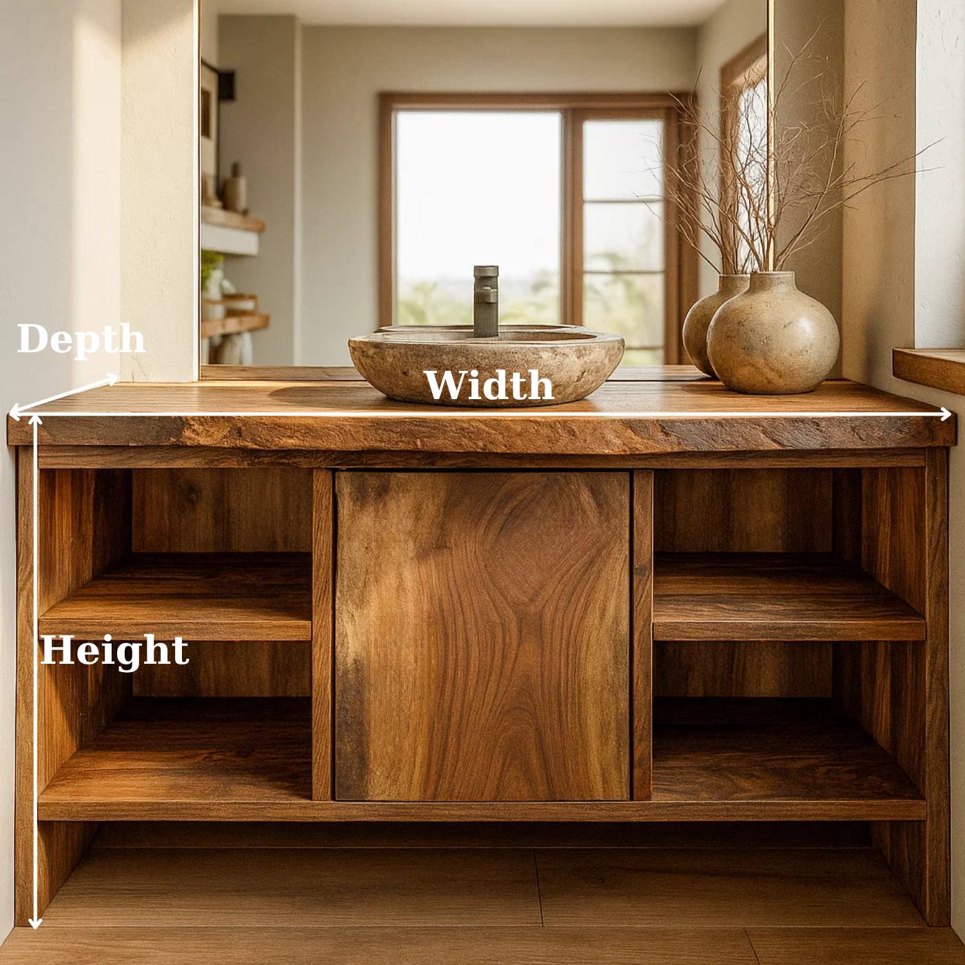 Handcrafted Solid Wood Bathroom Vanity with Central Sliding Door & Open Storage Shelves Lynnsnail