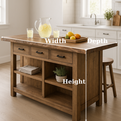 Handcrafted Solid Wood Kitchen Island - Rustic Top, 3 Drawers & Open Shelving