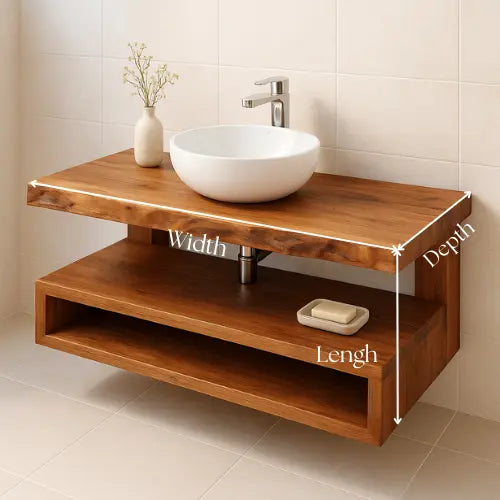 Handcrafted Floating Solid Wood Bathroom Vanity – Rustic Live Edge Countertop with Open Shelf – Modern Minimalist Design Lynnsnail