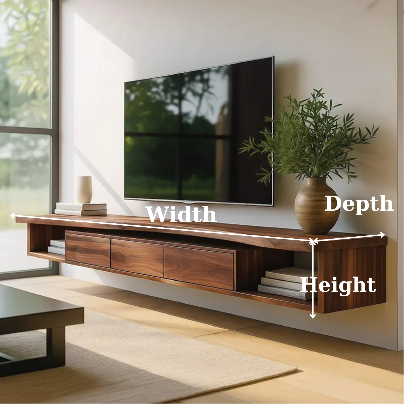 Handcrafted Solid Wood Floating TV Stand, Modern Live Edge Media Cabinet with Drawers Lynnsnail