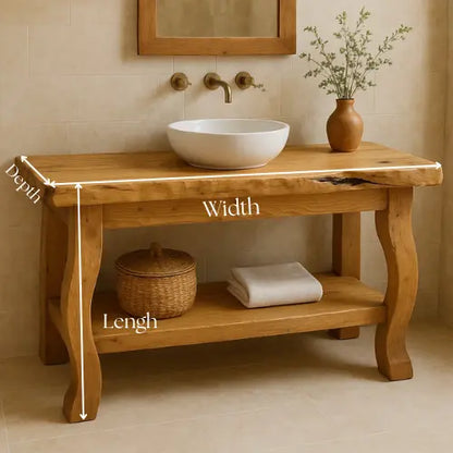 Handcrafted Solid Wood Bathroom Vanity – Live Edge Countertop with Curved Legs and Open Shelf – Rustic Organic Natural Design Lynnsnail