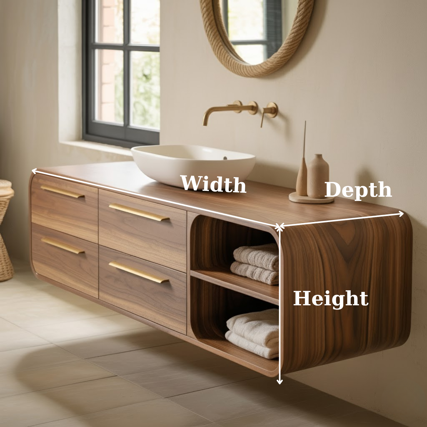 Handcrafted Solid Walnut Floating Vanity: Minimalist Gold Handle Bathroom Storage Lynnsnail