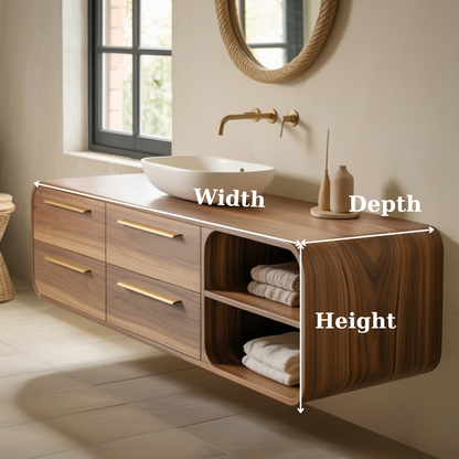 Handcrafted Solid Walnut Floating Vanity: Minimalist Gold Handle Bathroom Storage Lynnsnail