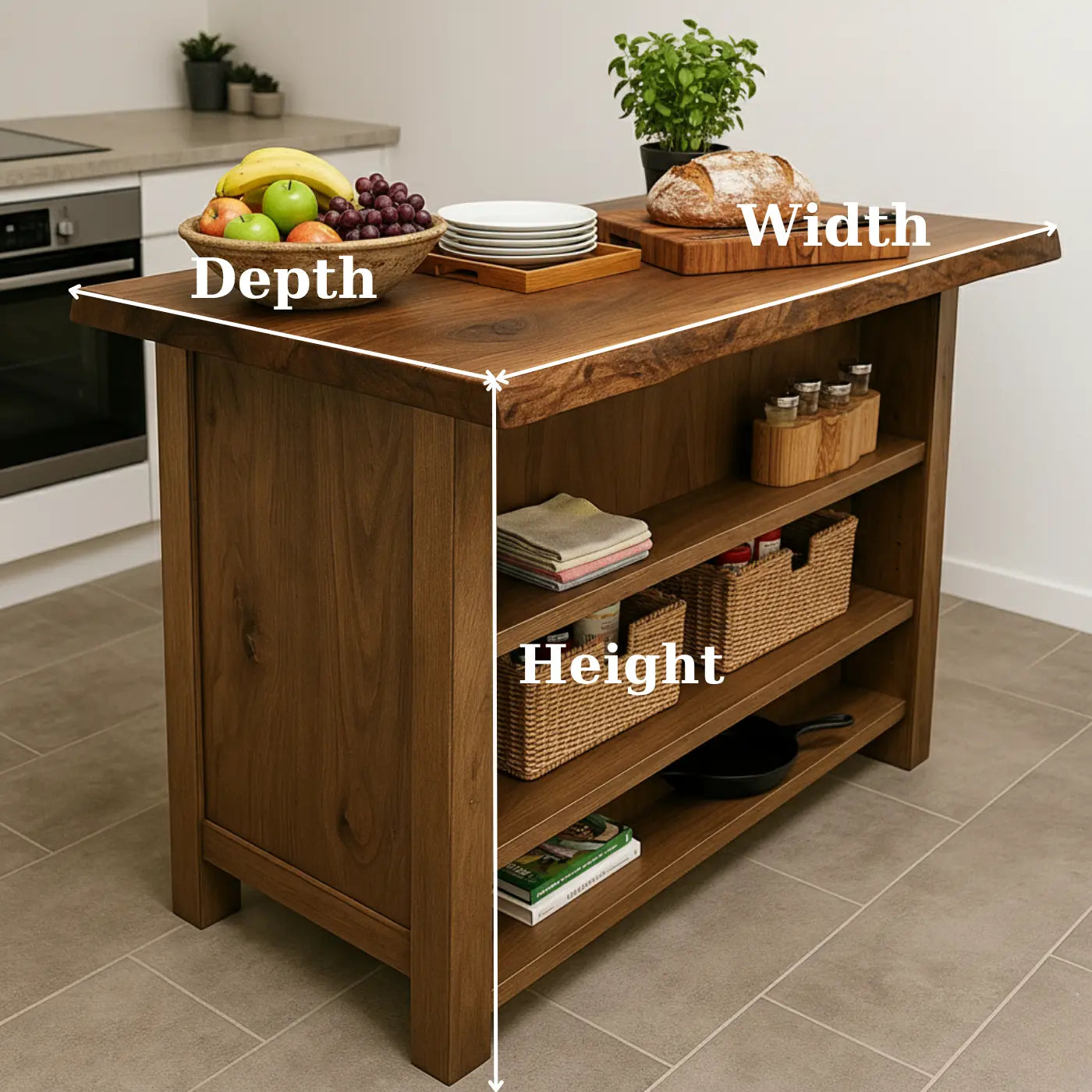 Handcrafted Solid Wood Kitchen Island - Rustic Live Edge & Open Shelves Lynnsnail