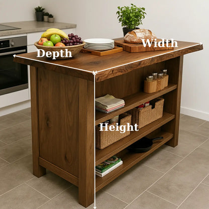 Handcrafted Solid Wood Kitchen Island - Rustic Live Edge & Open Shelves Lynnsnail