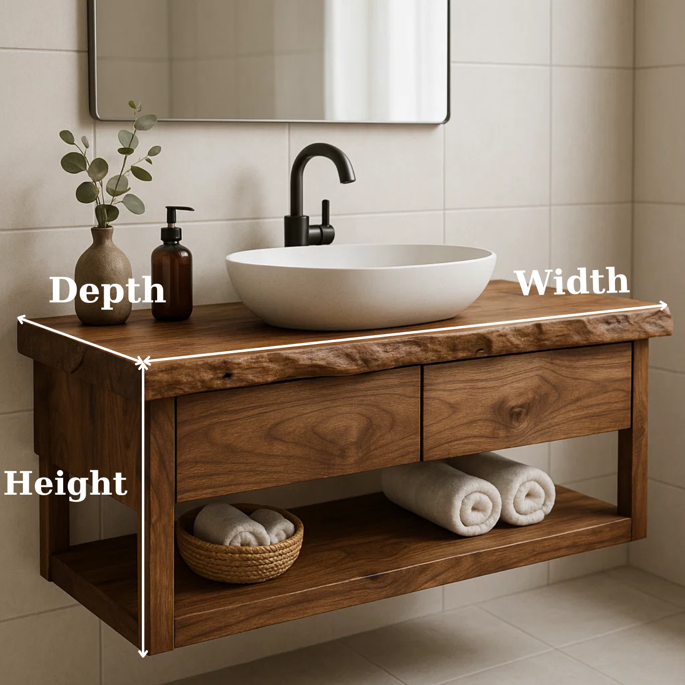 Handcrafted Solid Wood Floating Bathroom Vanity with Live Edge Top - Modern Rustic Washstand Lynnsnail