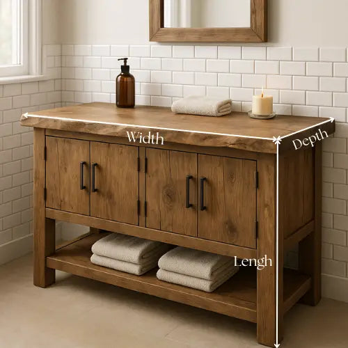 Handcrafted Solid Wood Bathroom Vanity – Live Edge Top with Four Doors & Open Shelf Lynnsnail