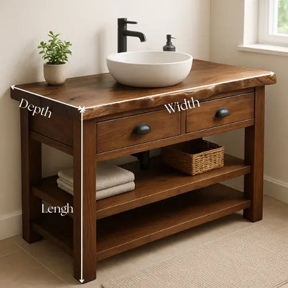 Handcrafted Solid Wood Bathroom Vanity – Live Edge Top with 2 Drawers and Open Shelving Lynnsnail
