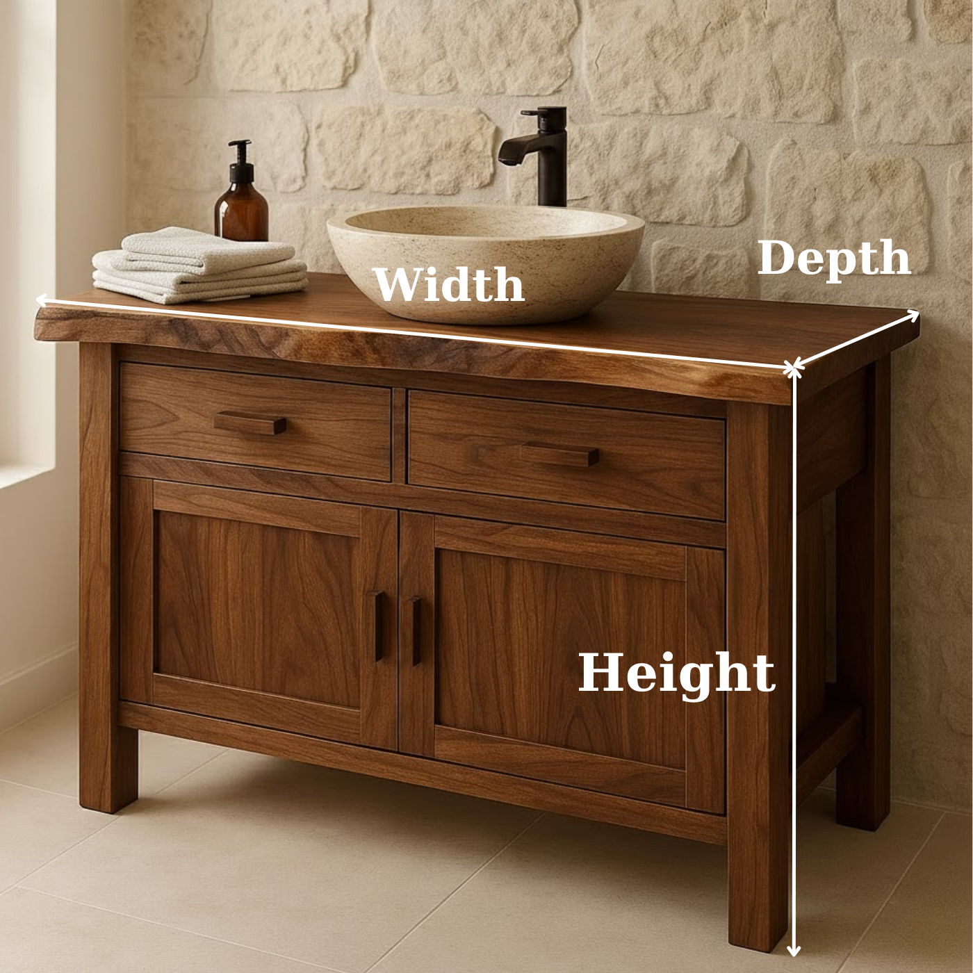 Handcrafted Solid Wood Bathroom Vanity - Live Edge Top Cabinet with Drawers & Doors Lynnsnail