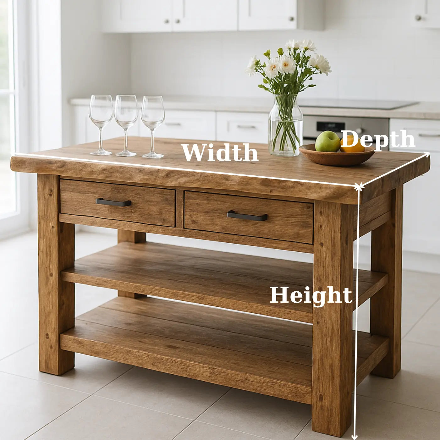 Handcrafted Solid Wood Kitchen Island - Live-Edge Top, 2 Drawers & Shelves Lynnsnail