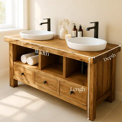 Handcrafted Solid Wood Double Sink Bathroom Vanity – Rustic Live Edge Countertop with 3 Drawers & Open Shelves – Farmhouse Design Lynnsnail