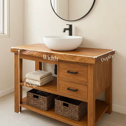 Handcrafted Solid Wood Bathroom Vanity – Live Edge with Drawers & Open Shelf Lynnsnail