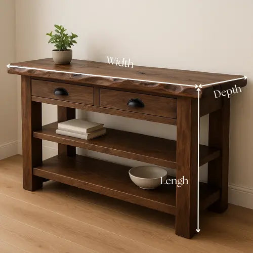 Handcrafted Solid Wood Live Edge Console Table – Walnut Finish with Drawers and Open Shelves Lynnsnail