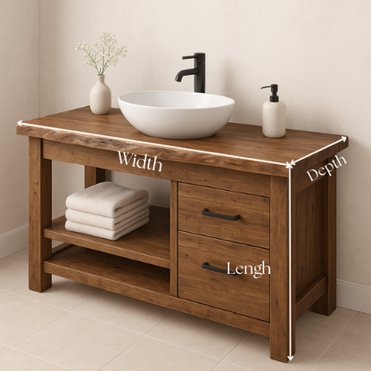 Handcrafted Solid Wood Bathroom Vanity – Rustic Live Edge Countertop with 2 Drawers & Open Shelf – Farmhouse Natural Finish Lynnsnail