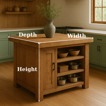 Handcrafted Solid Wood Kitchen Island - Square Shape, Cabinet & Shelves