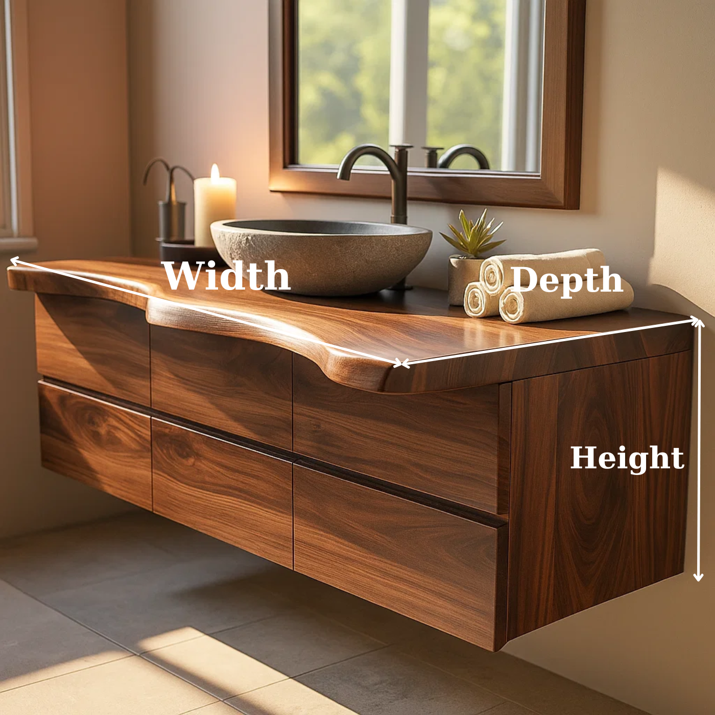 Handcrafted Solid Wood Vanity - Wide Floating Live Edge Cabinet with Drawers Lynnsnail