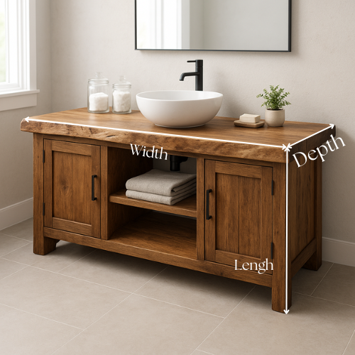 Handcrafted Solid Wood Bathroom Vanity – Live Edge Top with Dual Cabinets & Center Open Shelf Lynnsnail