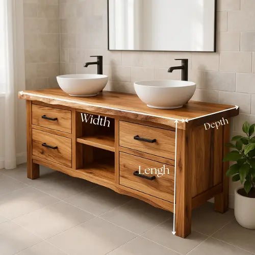 Handcrafted Double Sink Bathroom Vanity – Solid Oak Live Edge Countertop with Drawers & Shelves – Modern Rustic Wood Design for Natural Interiors Lynnsnail