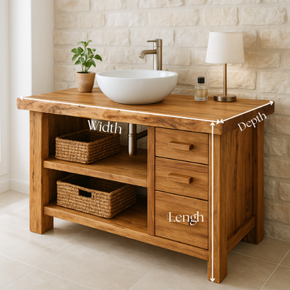 Handcrafted Solid Wood Bathroom Vanity – Rustic Live Edge Countertop with 3 Drawers & Open Shelves – Farmhouse Natural Finish Lynnsnail