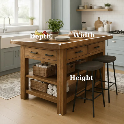 Handcrafted Solid Wood Kitchen Island - Rustic Top, Drawers & Open Shelving Lynnsnail