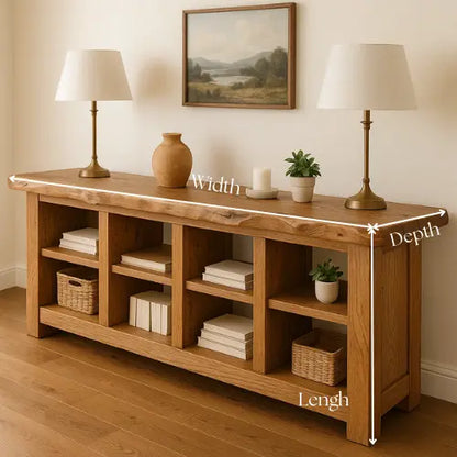Handcrafted Solid Wood Live Edge Console Table – Rustic Oak with Open Cubby Shelves Lynnsnail