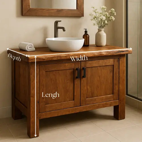 Handcrafted Solid Oak Bathroom Vanity – Live Edge Countertop with Double Doors – Rustic Modern Wood Design for Warm Natural Bathroom Interiors Lynnsnail