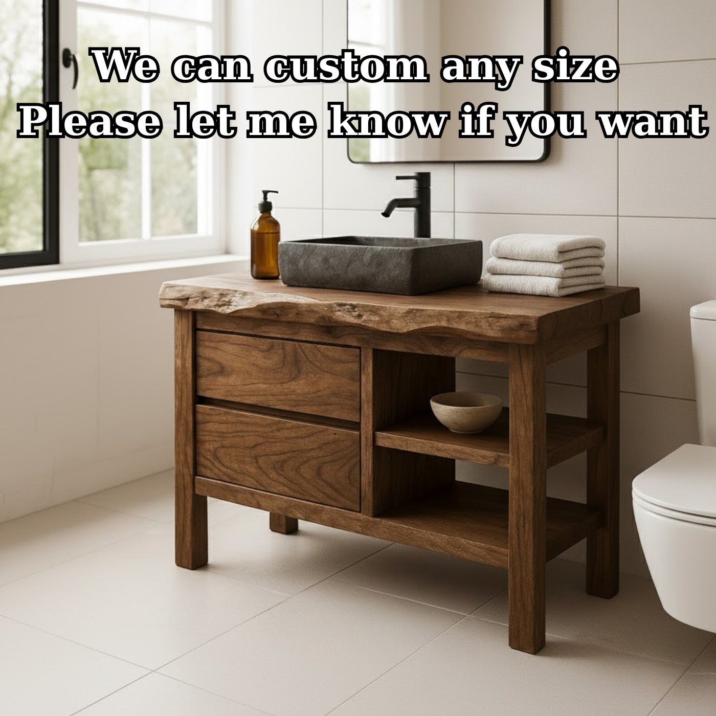 Handcrafted Solid Wood Bathroom Vanity with Live Edge Top and Open Shelf Lynnsnail