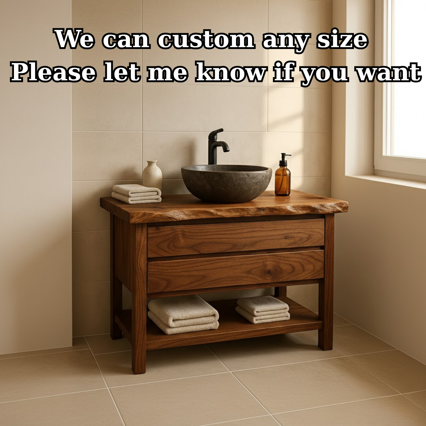 Handcrafted Solid Wood Bathroom Vanity - Live Edge Dark Wood Cabinet & Open Shelf Lynnsnail