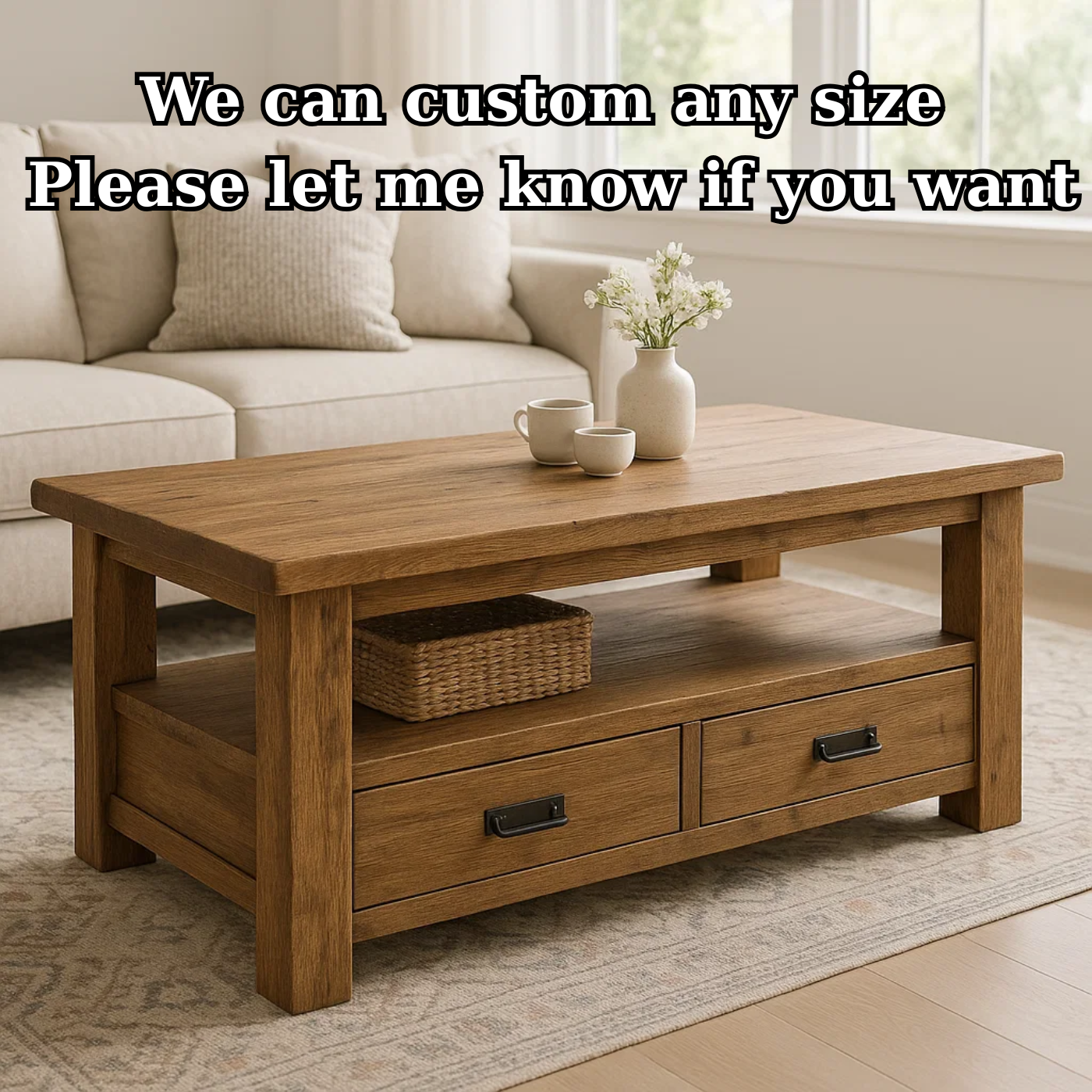Handcrafted Solid Wood Coffee Table – Rustic Farmhouse Storage with Two Drawers and Shelf Lynnsnail