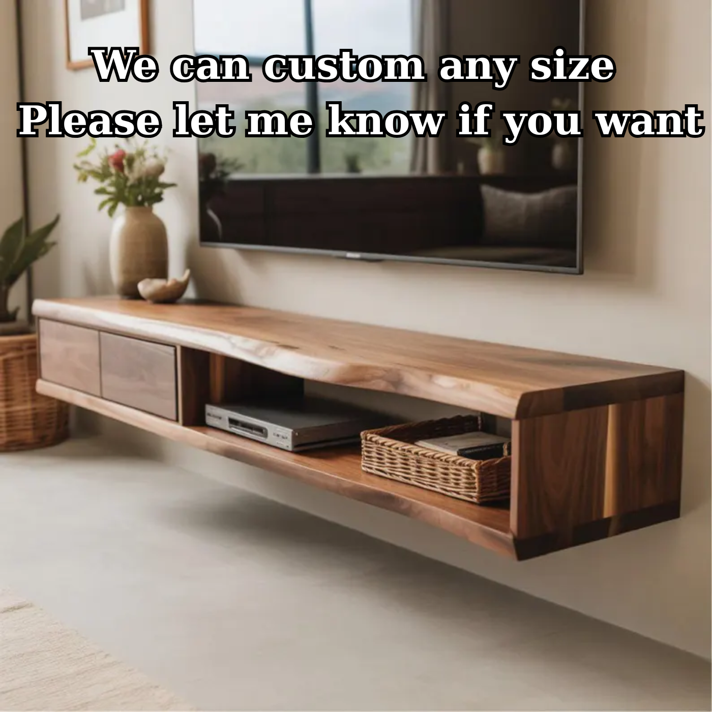 Handcrafted Solid Wood Floating TV Stand, Live Edge Media Console, Wall-Mounted Lynnsnail