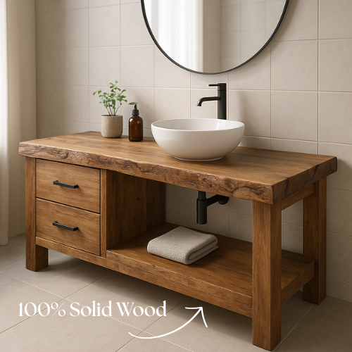 Handcrafted Solid Wood Bathroom Vanity – Live Edge Countertop with Drawers & Open Shelf – Rustic Modern Design for Natural Spa Interiors Lynnsnail