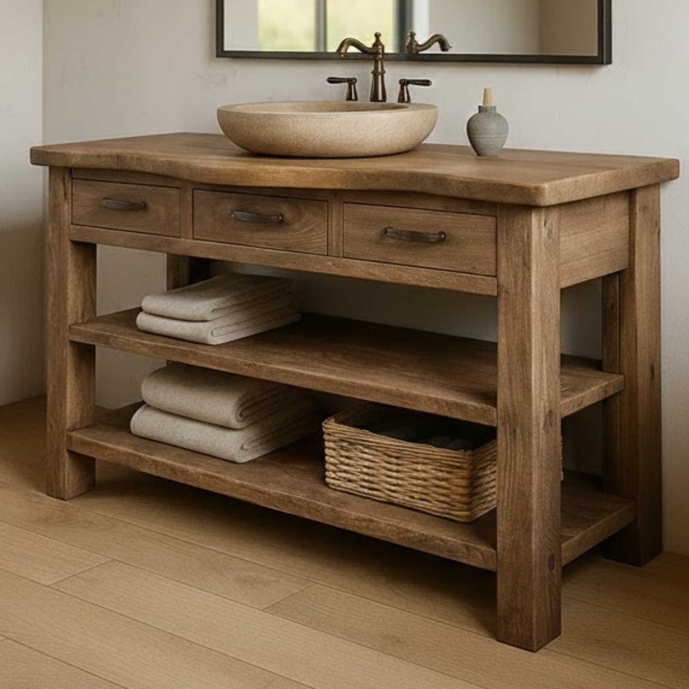 Handcrafted Solid Wood Bathroom Vanity with Curved Live-Edge Top and Triple Storage Drawers Lynnsnail