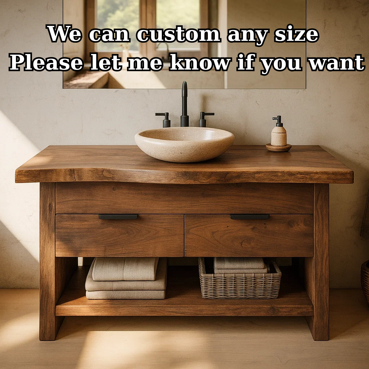 Handcrafted Solid Wood Bathroom Vanity with Live Edge Top and Open Storage Shelf Lynnsnail