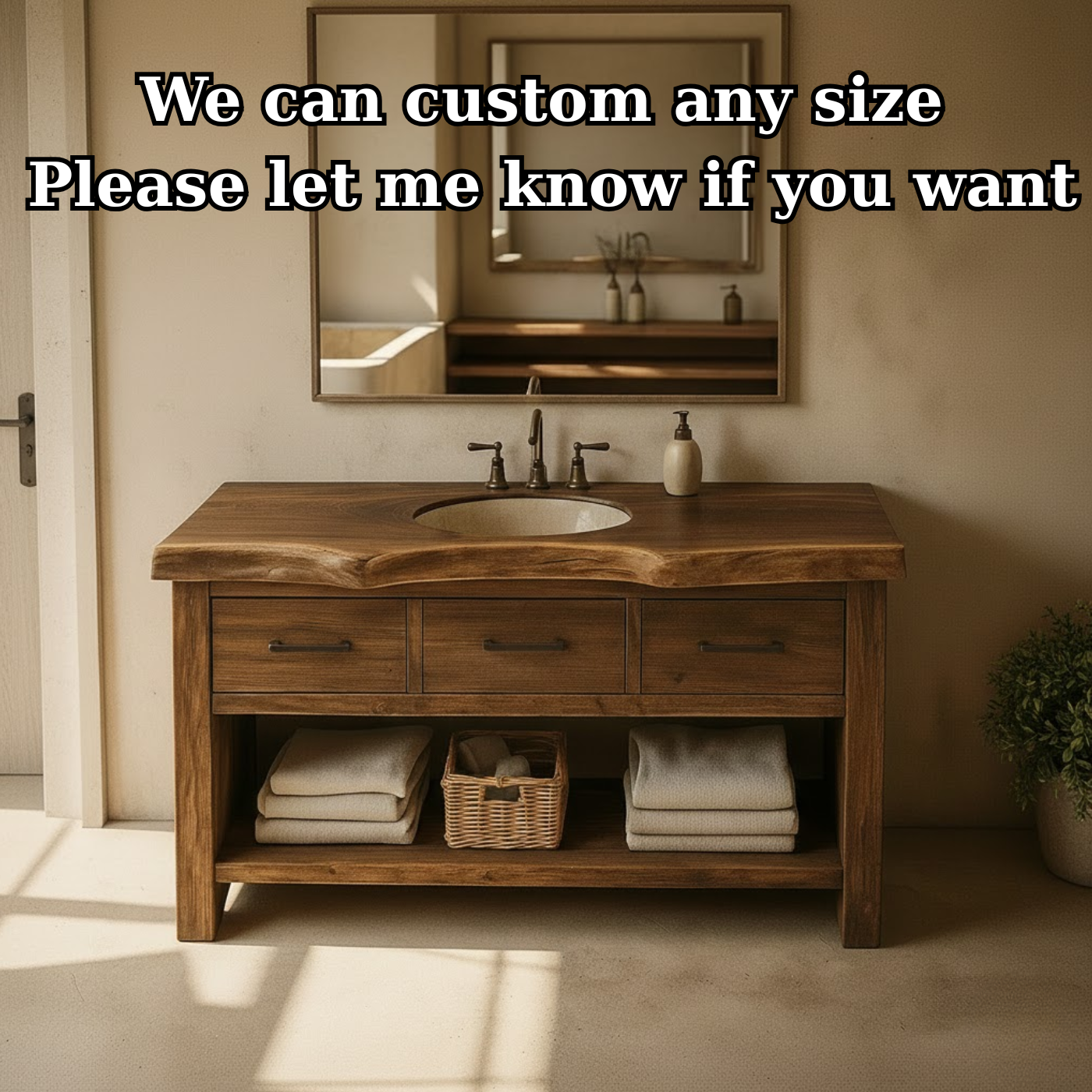Handcrafted Solid Wood Bathroom Vanity with Live Edge Top, Triple Drawers & Open Storage Shelf Lynnsnail