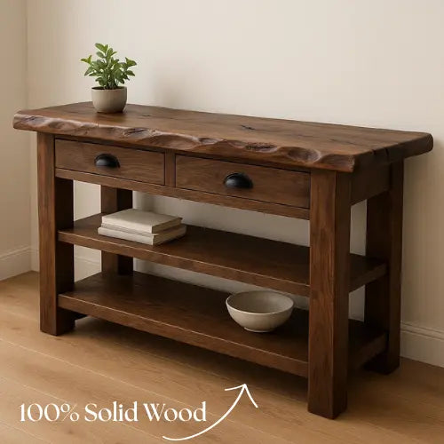 Handcrafted Solid Wood Live Edge Console Table – Walnut Finish with Drawers and Open Shelves Lynnsnail
