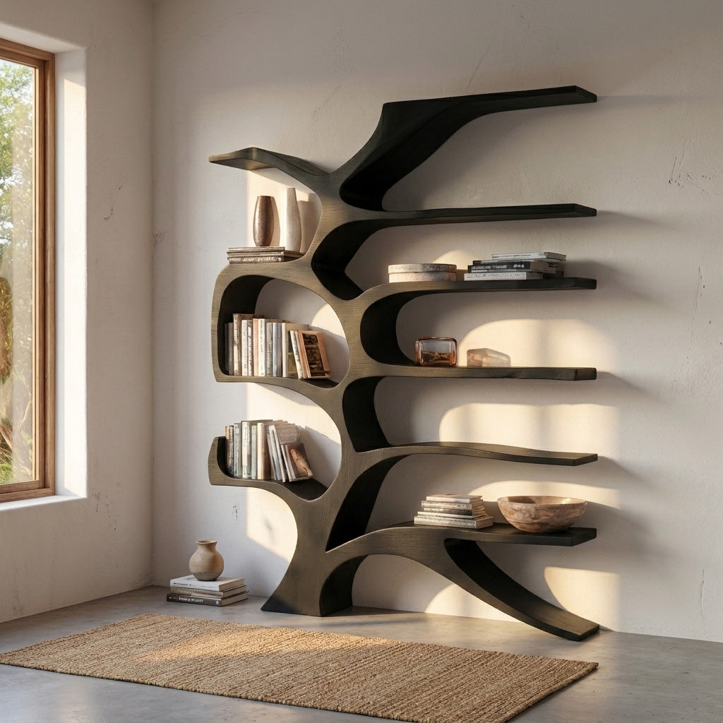 Contemporary Sculpted Wooden Bookshelf For Living Room Decor Lynnsnail