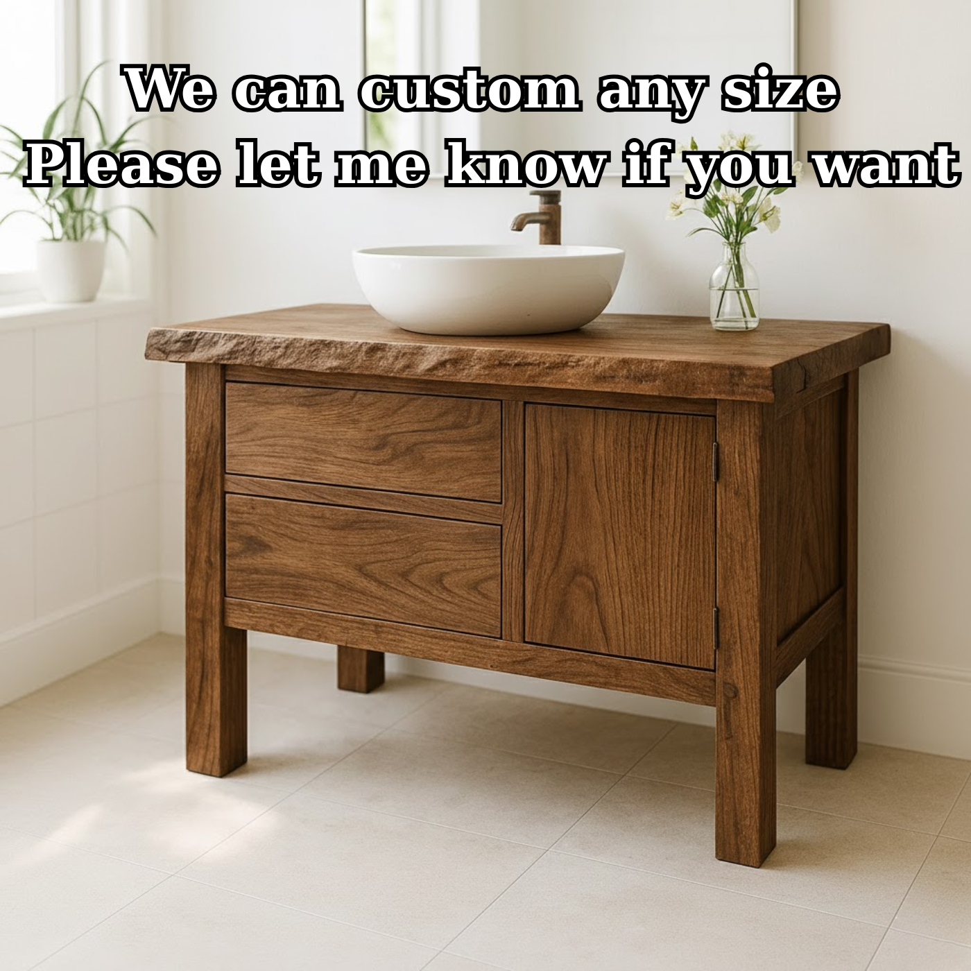 Handcrafted Solid Wood Bathroom Vanity - Live Edge Top, 2 Drawers & Single Door Cabinet Lynnsnail