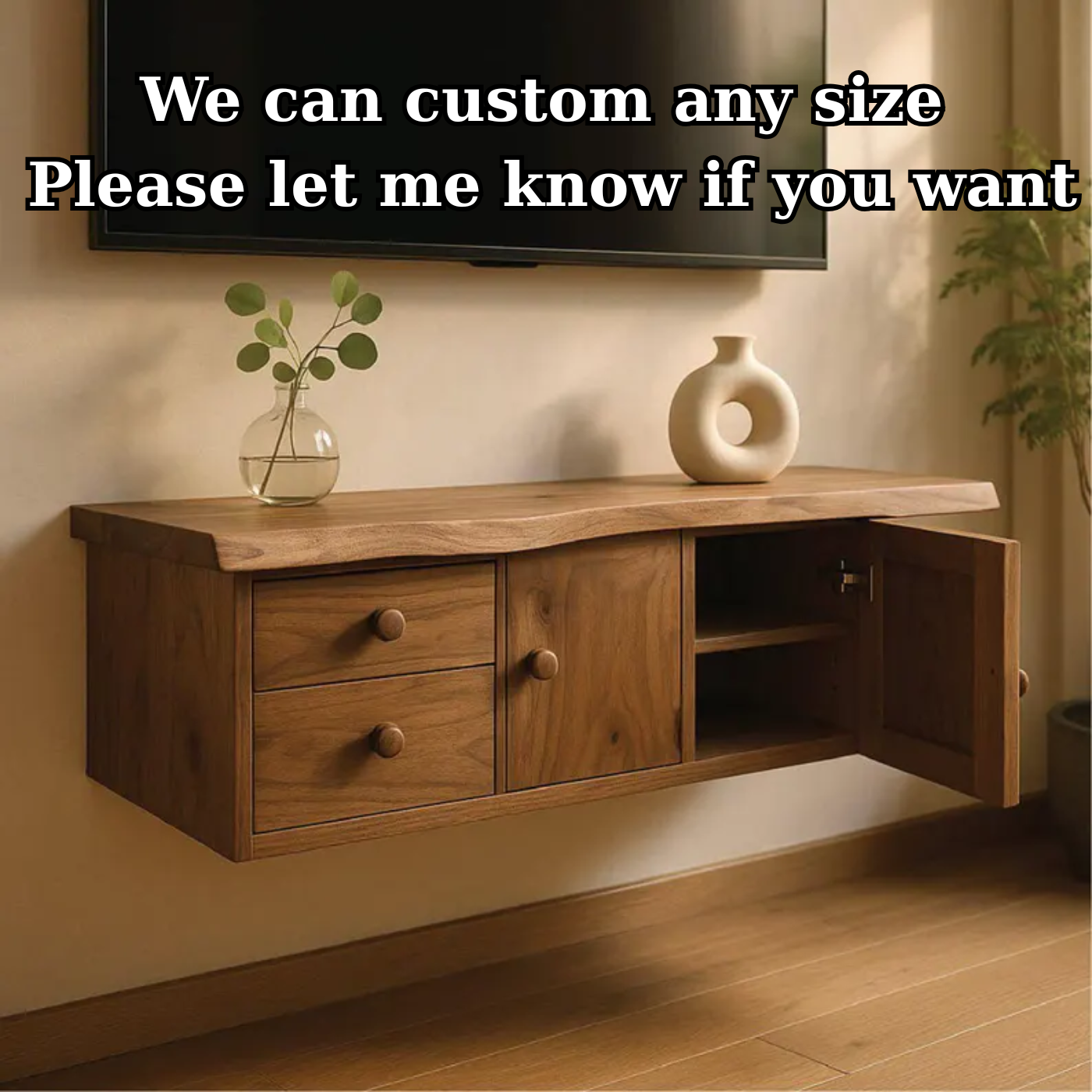 Handcrafted Solid Wood Floating TV Stand, Live Edge Media Console with Cabinet & Drawers Lynnsnail