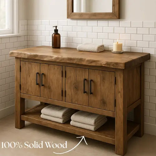 Handcrafted Solid Wood Bathroom Vanity – Live Edge Top with Four Doors & Open Shelf Lynnsnail