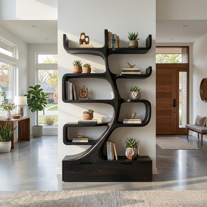 Wooden Bookcase With Tiers And Built-in Drawers For Home Lynnsnail