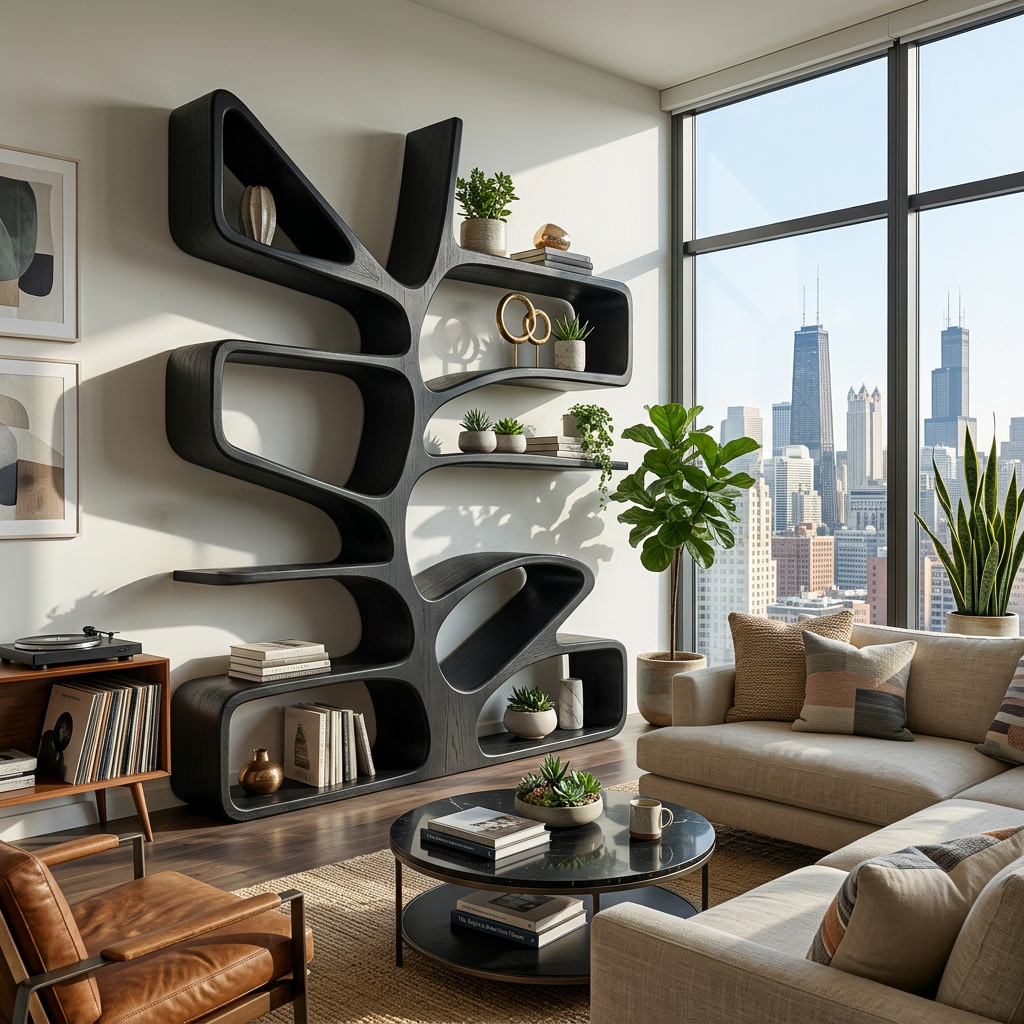 Organic Wooden Bookcase With Sculptural Form For Living Space Lynnsnail