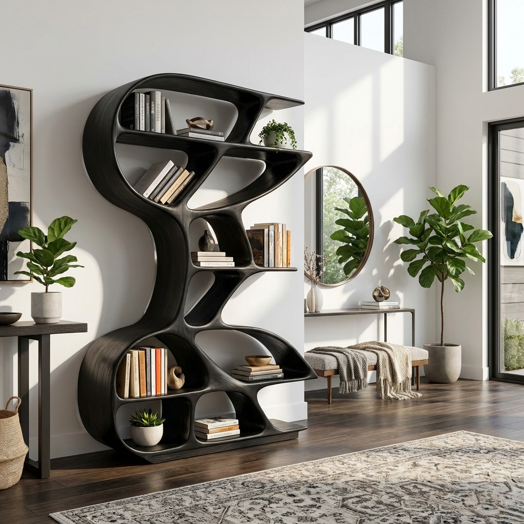 Wooden Bookshelf Unique Sculptural Design For Modern Living Room Lynnsnail