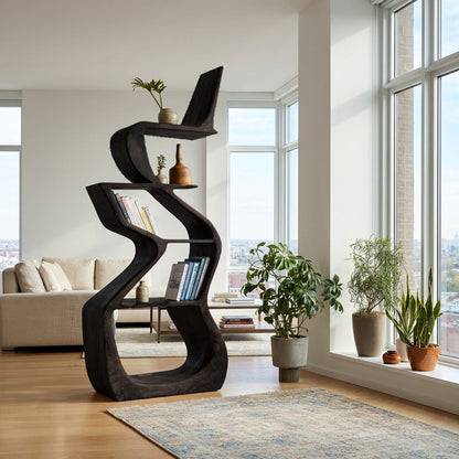 Sculptural Wooden Bookshelf For Living Room Corner Lynnsnail