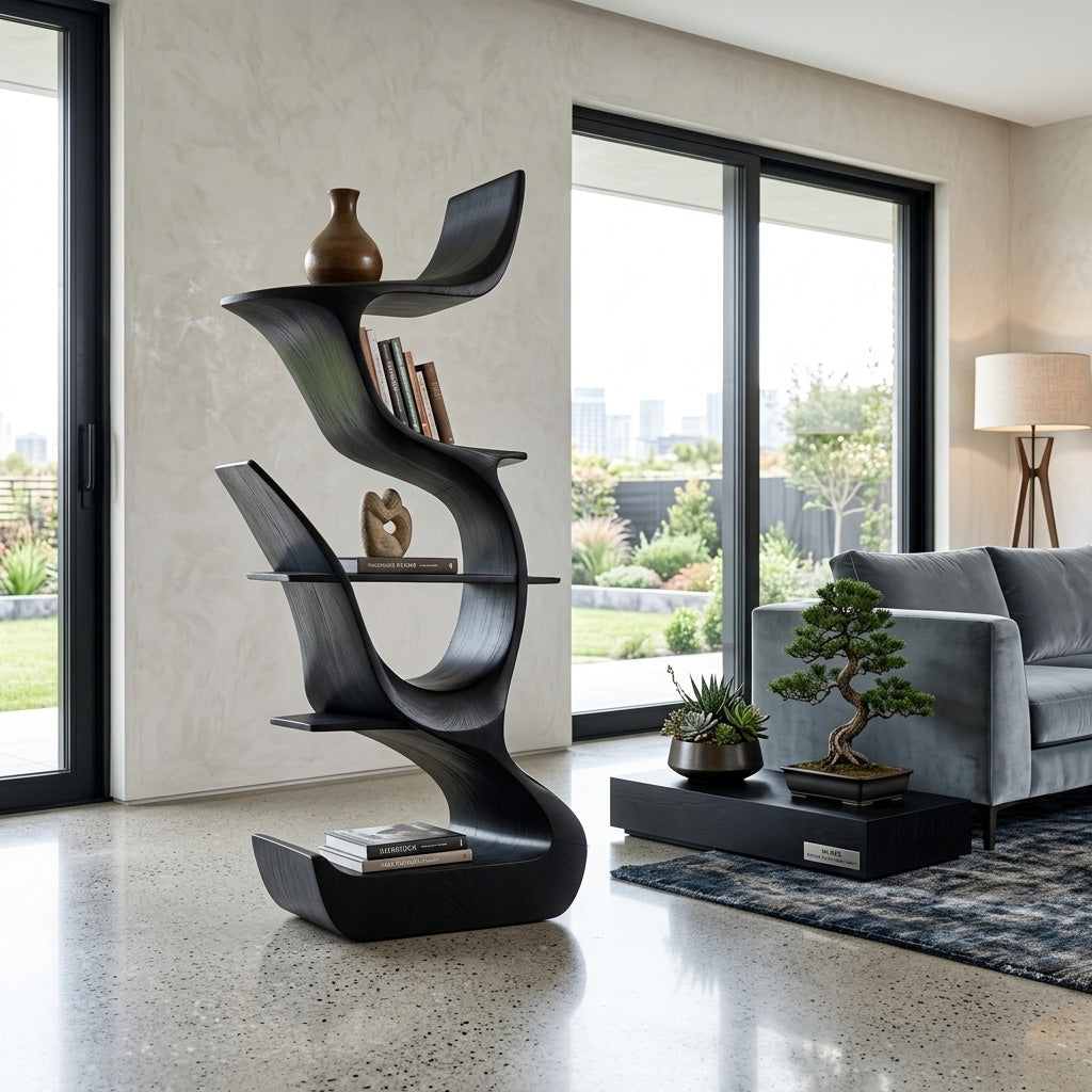 Contemporary Organic Wooden Bookshelf For Living Room Corner Lynnsnail