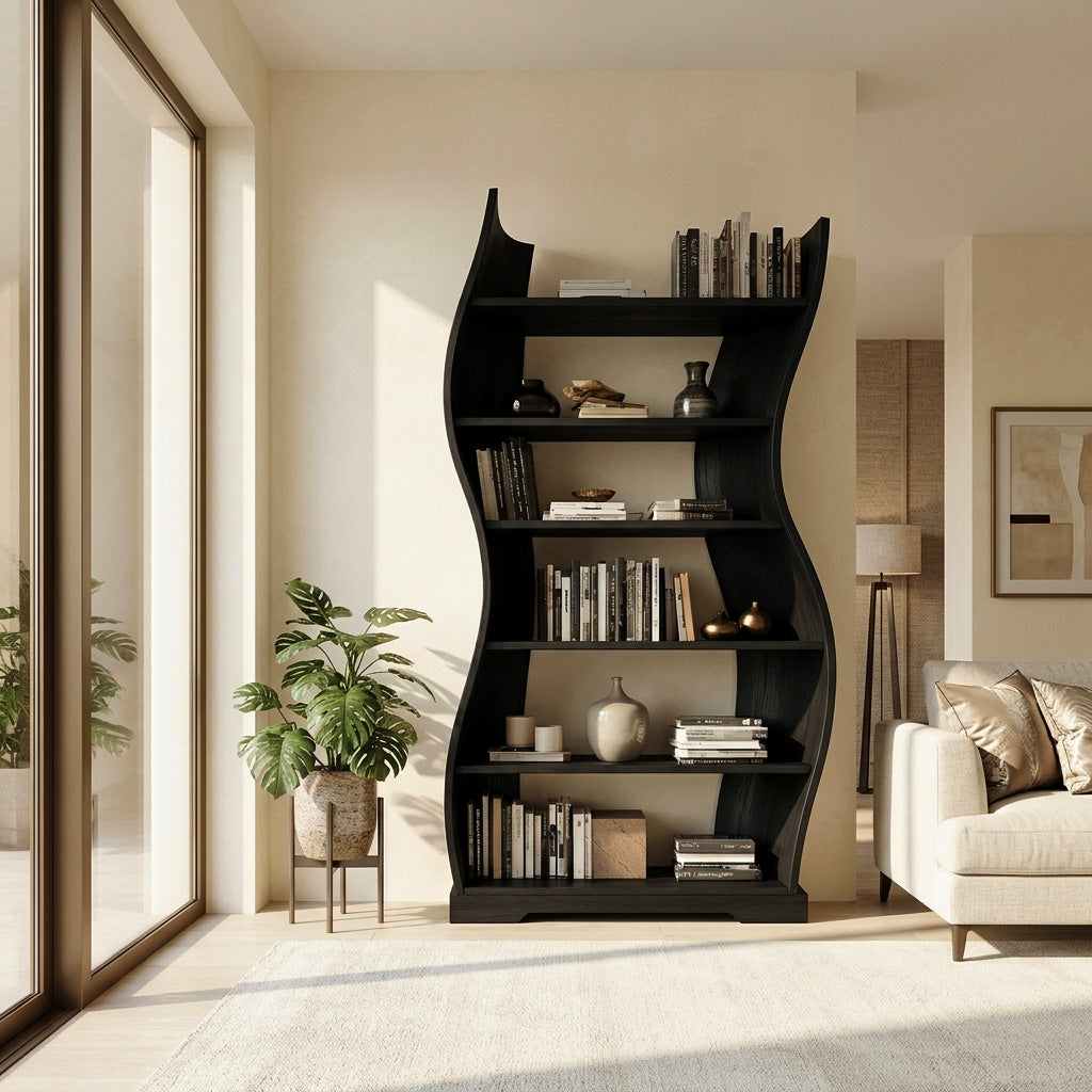 Contemporary Flowing Wooden Bookshelf For Living Room Lynnsnail