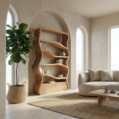 Modern Curved Wooden Bookshelf For Living Room Lynnsnail