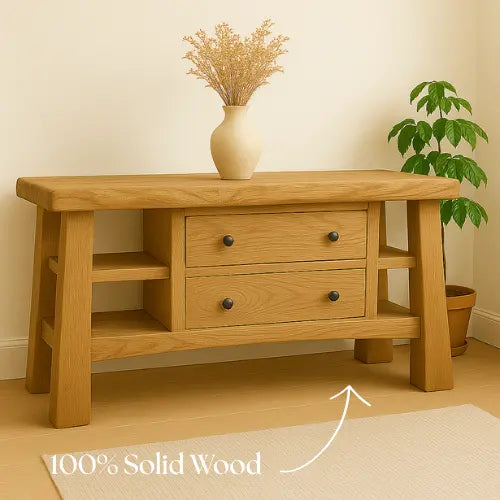 Handcrafted Solid Wood Console Table – Modern Rustic Oak with Drawers and Side Shelves Lynnsnail