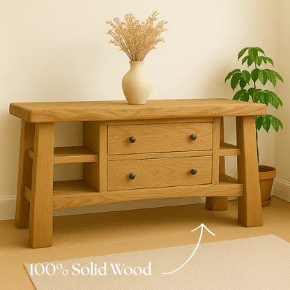 Handcrafted Solid Wood Console Table – Modern Rustic Oak with Drawers and Side Shelves Lynnsnail