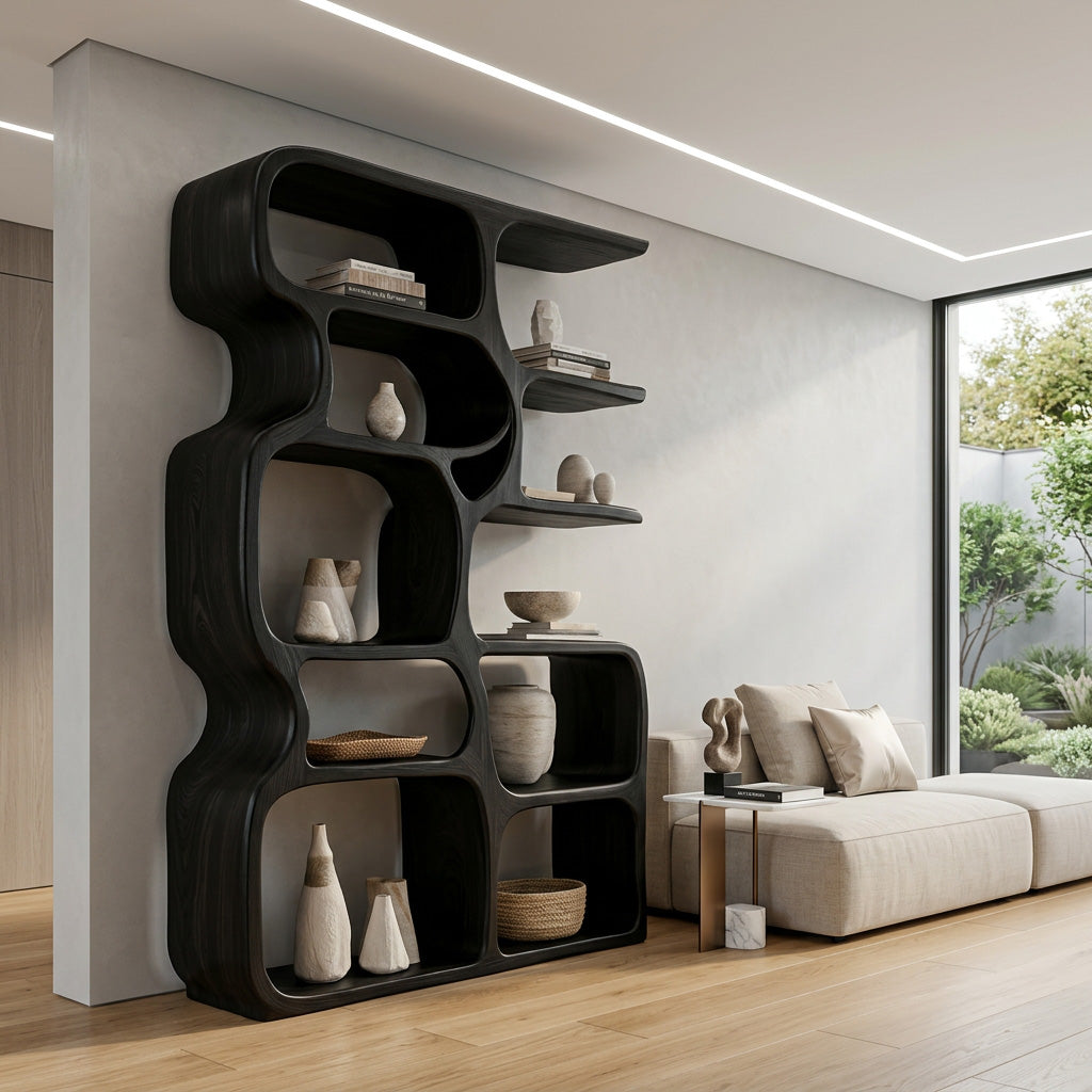 Minimalist Artistic Natural Wood Bookshelf For Living Room Lynnsnail